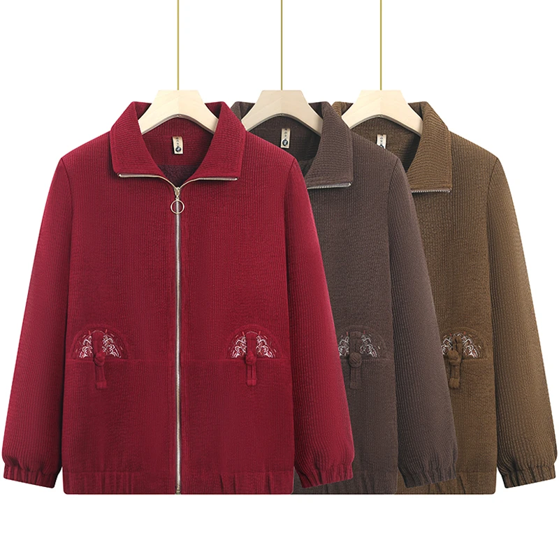 妈妈装秋冬新款灯芯绒夹克外套老太太衣服老年人加绒加厚翻领上衣