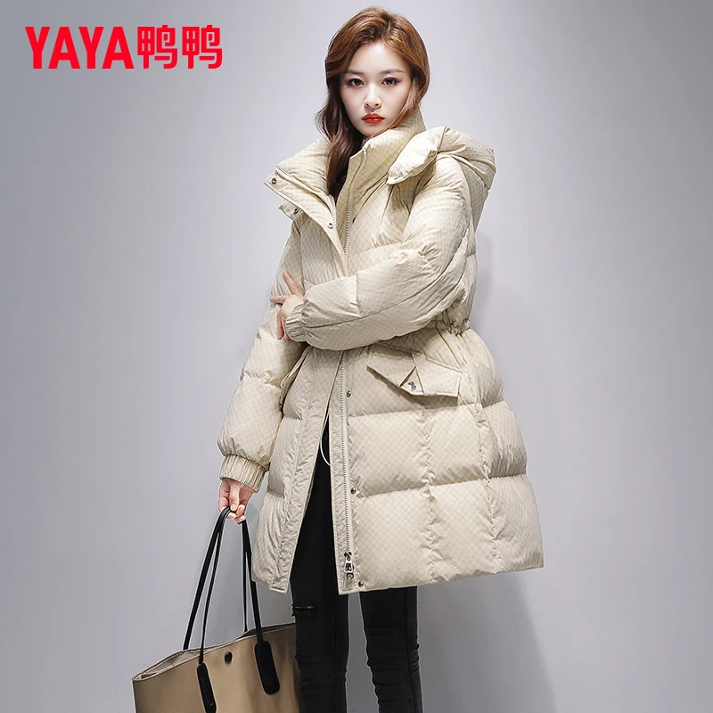 YAYA/鸭鸭羽绒服冬季女装新款中长款时尚收腰显瘦格子外套女款