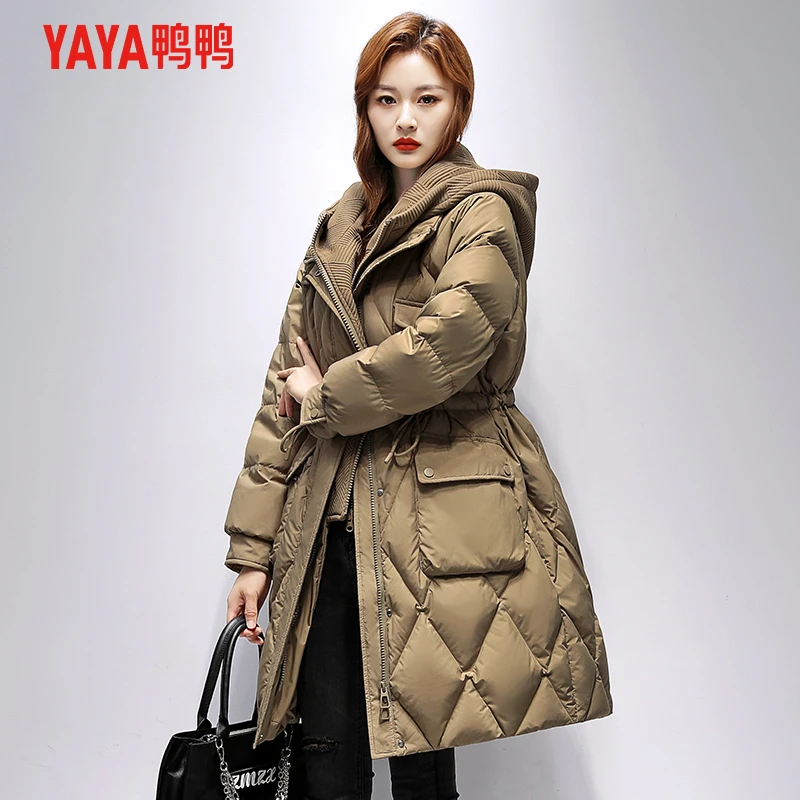 YAYA/鸭鸭羽绒服女款冬季2023新款收腰长款过膝加厚收腰连帽外套