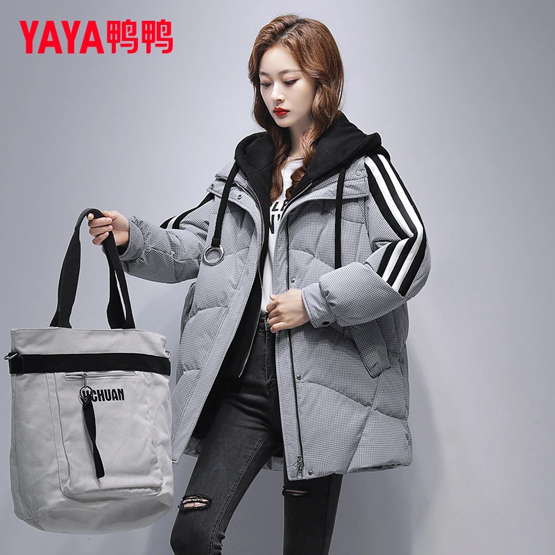 YAYA/鸭鸭羽绒服女冬中长款2023冬季新款假两件格子外套citywarm