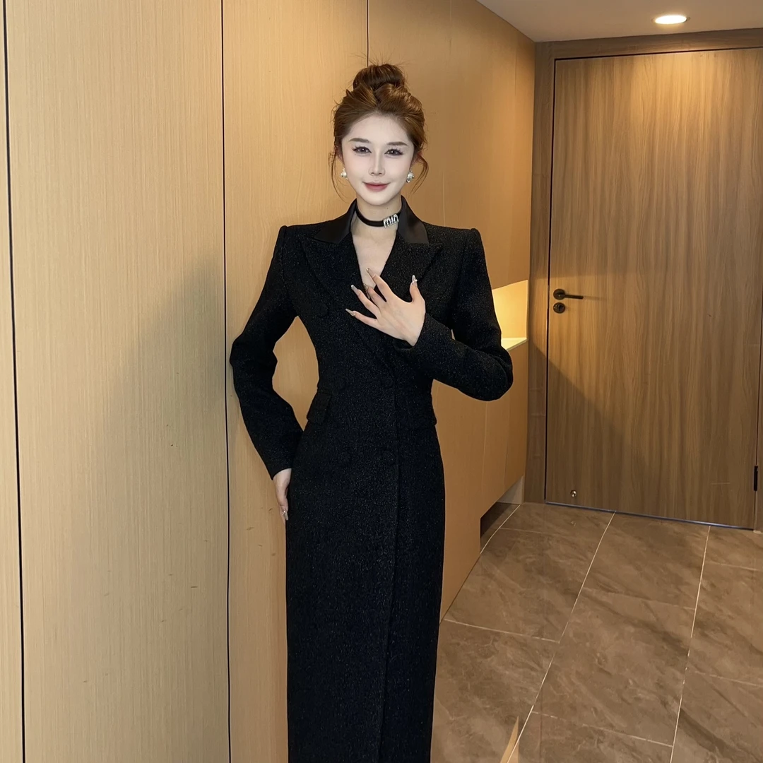 【MD原创·宵夜】2024冬季修身显瘦气质时尚长款毛呢细闪女款外套