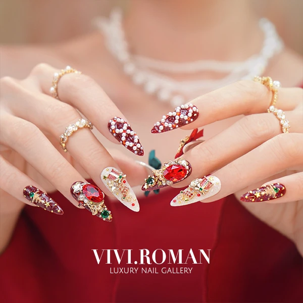【完美圣诞】原创轻奢穿戴美甲纯手工重工奢华圣诞铃铛红色圣诞美甲