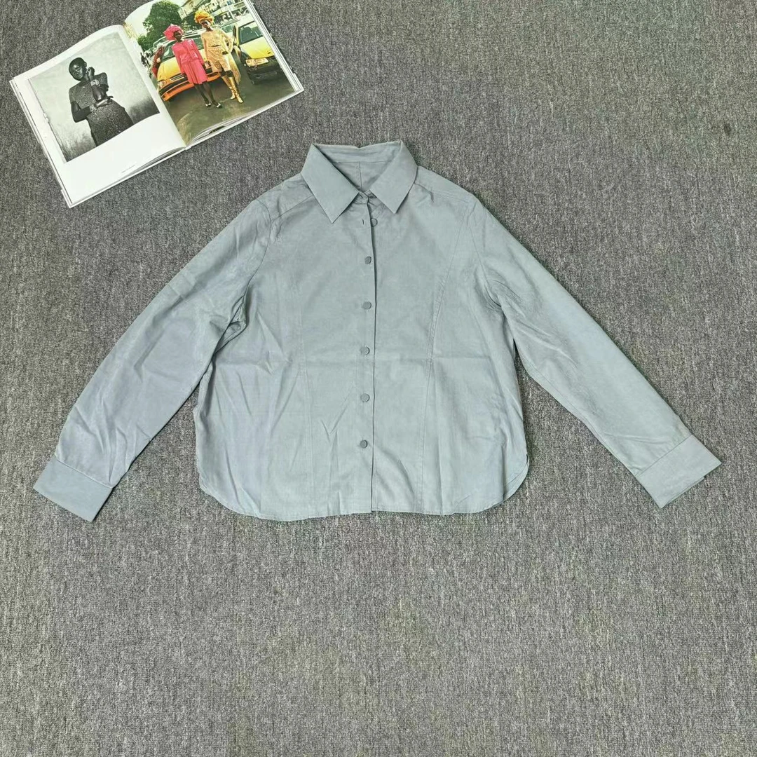 83467余小鱼 雾蓝色纯色单排扣韩系时尚宽松休闲POLO长袖衬衫女装