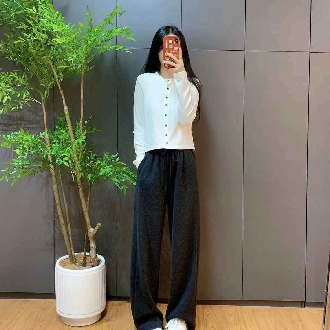 83058余小鱼 三色纯色时尚显瘦百搭松紧腰抽绳直筒休闲裤女装