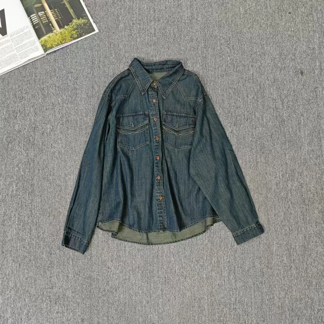 83392余小鱼 复古蓝翻领单排扣复古时尚潮流百搭牛仔外套女装