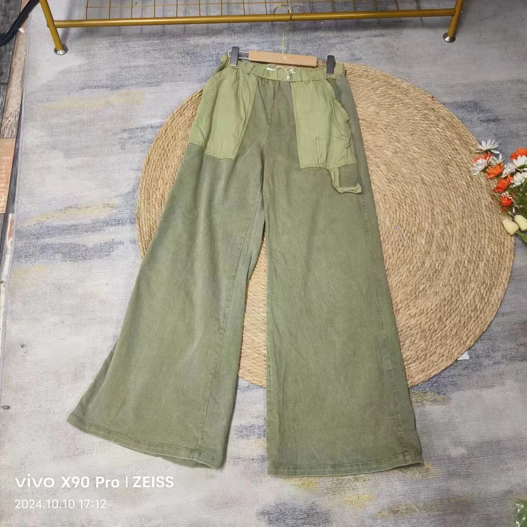 唯琳剪标  8仓A1-4-2236款   绿拼色水洗做旧松紧腰直筒裤