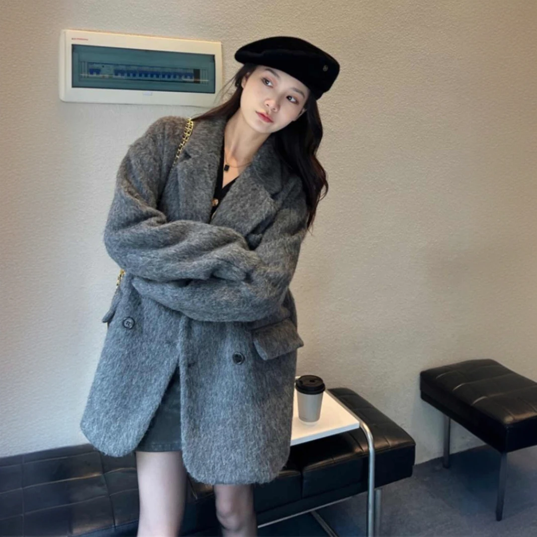 高级感韩系小香风呢子西装外套女秋冬季加厚小众设计炸街西服大衣