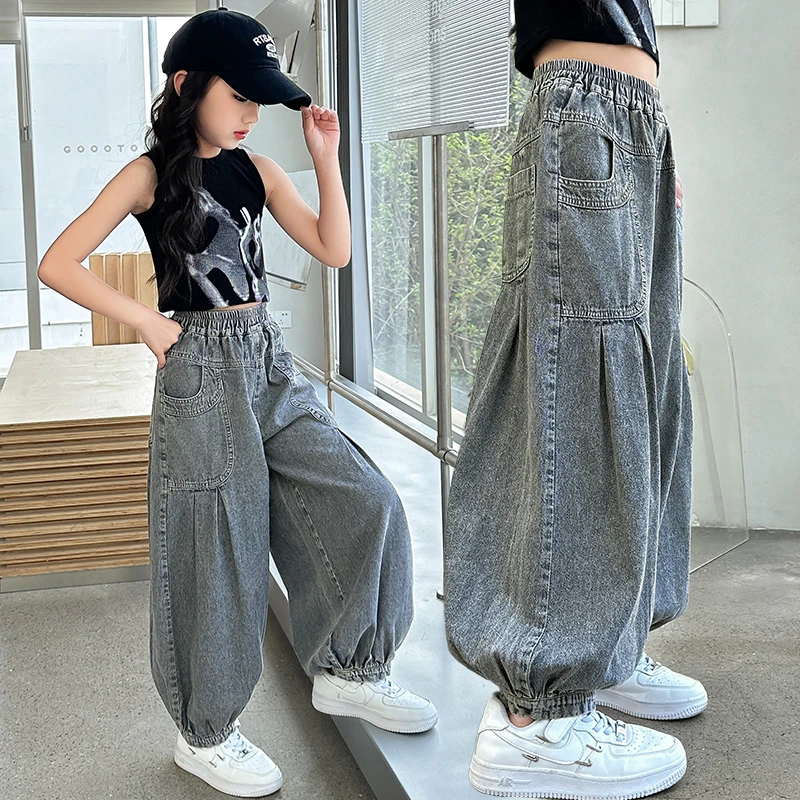 女童裤子夏装2025新款中大童洋气韩版薄款九分牛仔裤儿童灯笼裤夏