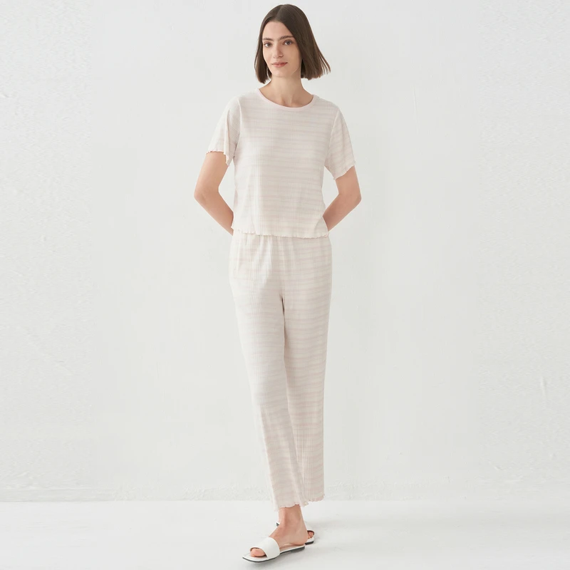 爱美丽清风罗纹睡眠衣色织圆领套头新款短袖上衣长裤套装IM46BRZ1