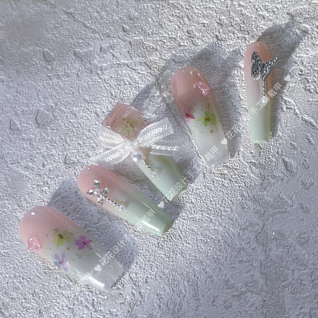云绿~夏日冰透指尖穿戴式甲片ins风甜美纯欲手工干花超闪百搭清新