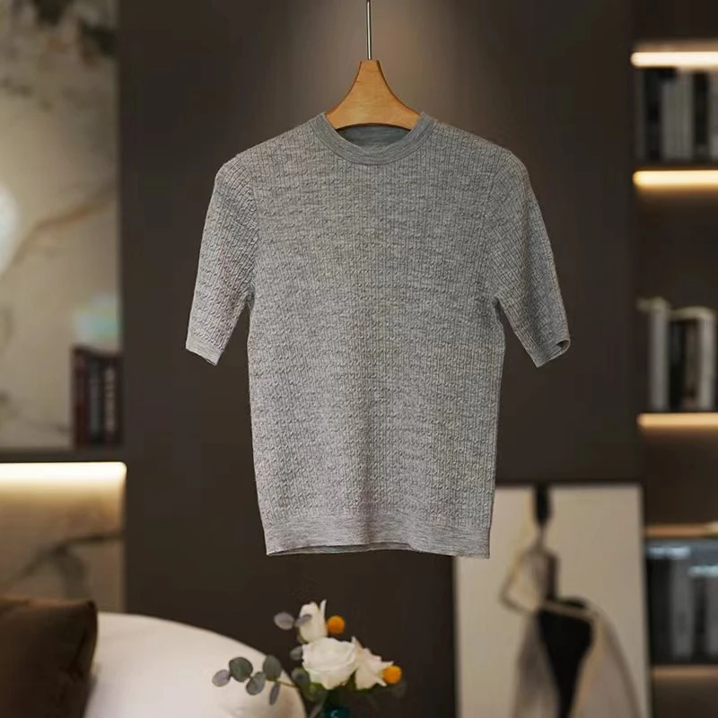 【康塞妮】纯色羊绒针织衫女短袖2024春夏季新款百搭休闲舒适上衣女