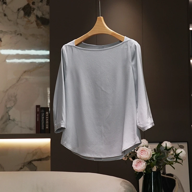 灰色重绉真丝桑蚕丝衬衫女2024夏季新款时尚百搭七分袖女士上衣