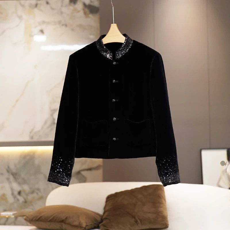 CHONGMI 黑色真丝桑蚕丝丝绒女外套2024秋冬新款气质显瘦外搭女装