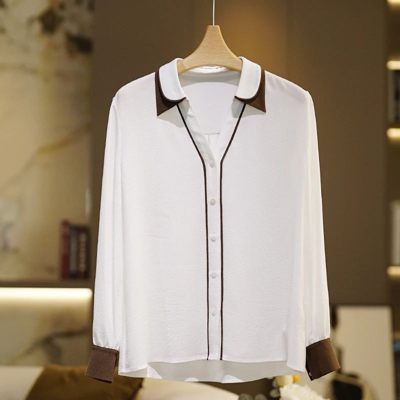【高端鬼绉桑蚕丝】撞色真丝衬衫女长袖2024早春新款休闲时尚衬衣