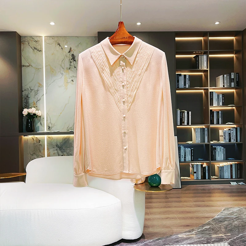 CHONGMI 鬼绉真丝衬衫女2024新款粉色方领斜裁压边百搭桑蚕丝上衣