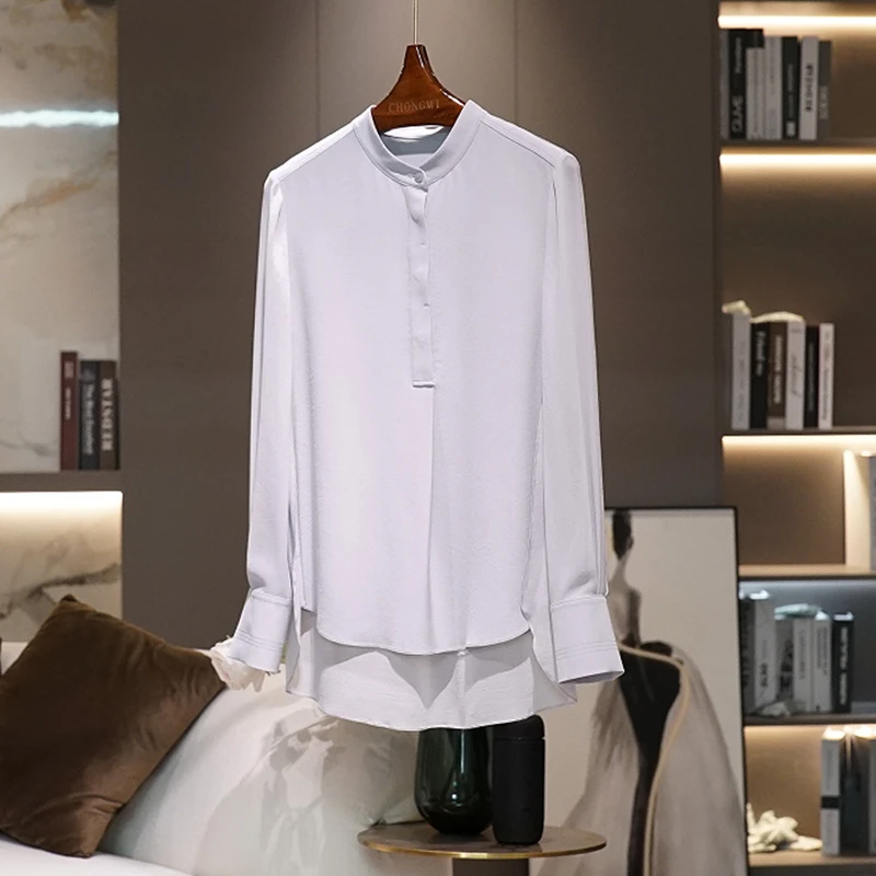 重绉真丝桑蚕丝灰色衬衫女2024夏季新款时尚百搭显瘦拼接女士上衣