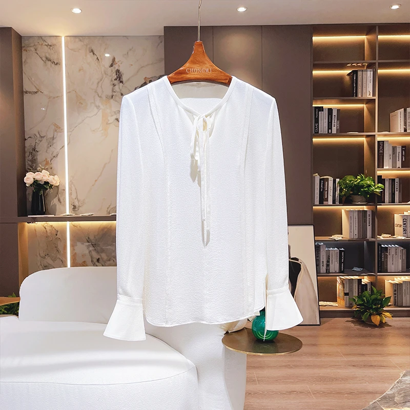 CHONGMI 纯色鬼绉真丝衬衫女2024春装新款飘带领桑蚕丝长袖上衣