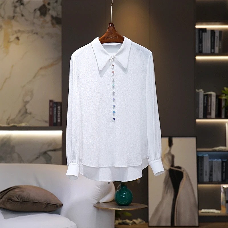 【高端鬼绉桑蚕丝】白色真丝衬衫女长袖2024早春新款牛角领休闲衬衣