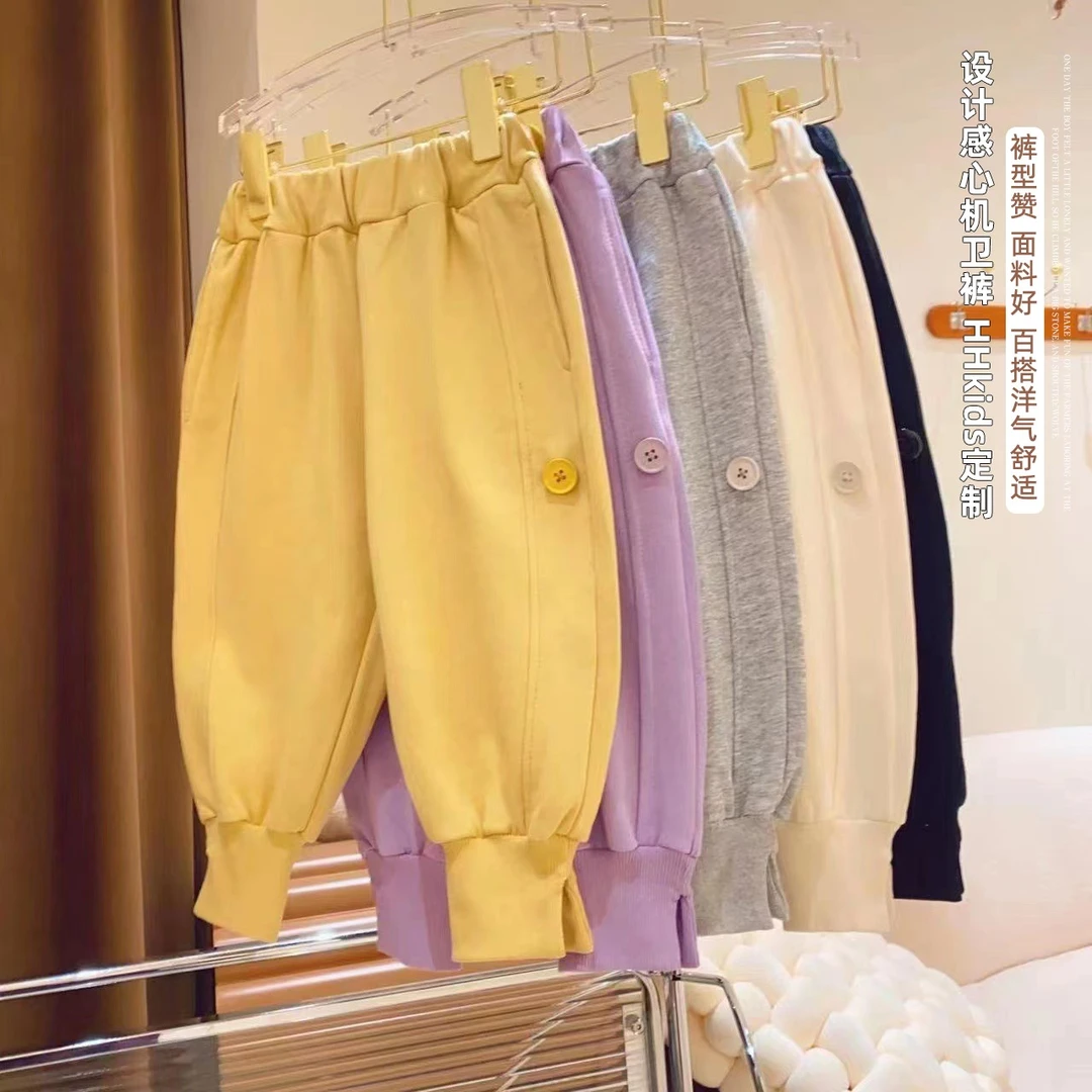 HHkids女童一粒扣阔版收口纯色百搭洋气休闲卫裤2023春装BKZ432