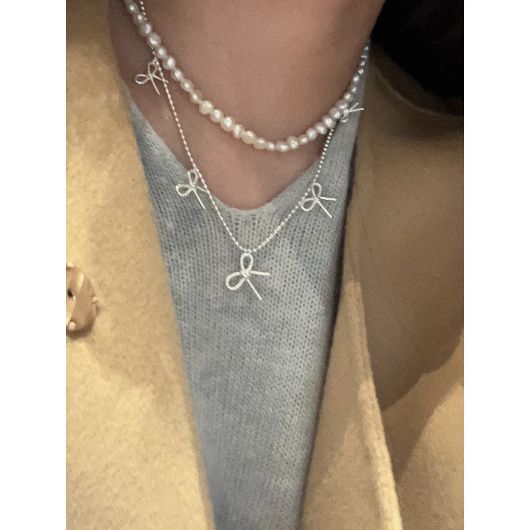 坠链均925银 蝴蝶结项链 麻花纹理渐变大小蝴蝶结 再逃公主40+5cm