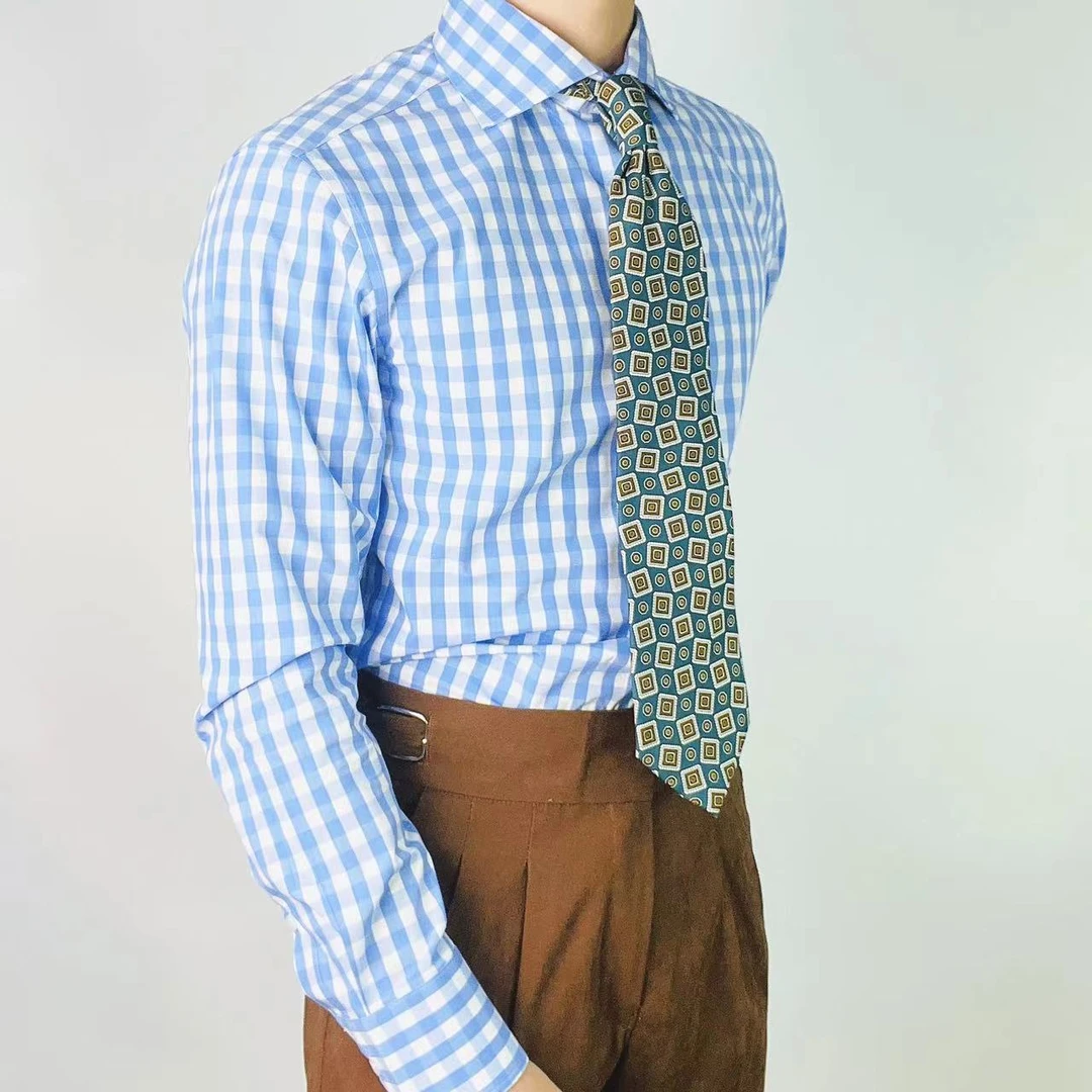 新款格子蓝色温莎领法式上衣免烫抗皱男士商务长袖衬衫纯一字领