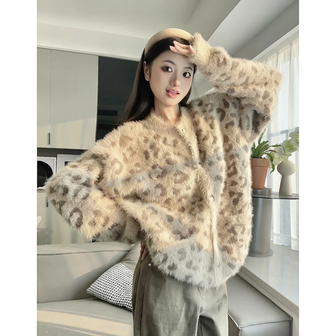 胖头鱼豹纹保暖毛衣外套秋冬慵懒风宽松中长款小众马海毛针织开衫