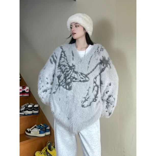 胖头鱼冬季v领印花毛衣外套宽松慵懒针织开衫辣妹拉链仿貂毛外套