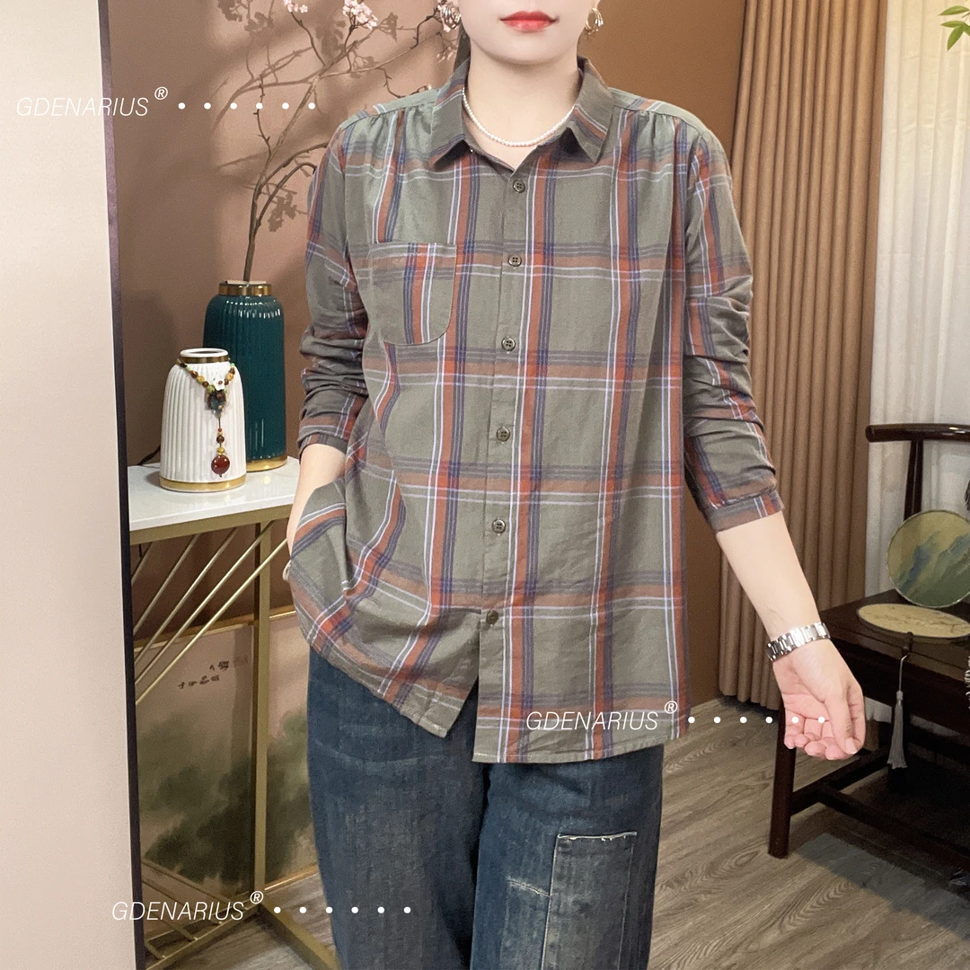 大格纹单层棉质方领长袖衬衫舒适好穿宽松透气上衣气质百搭衬衣