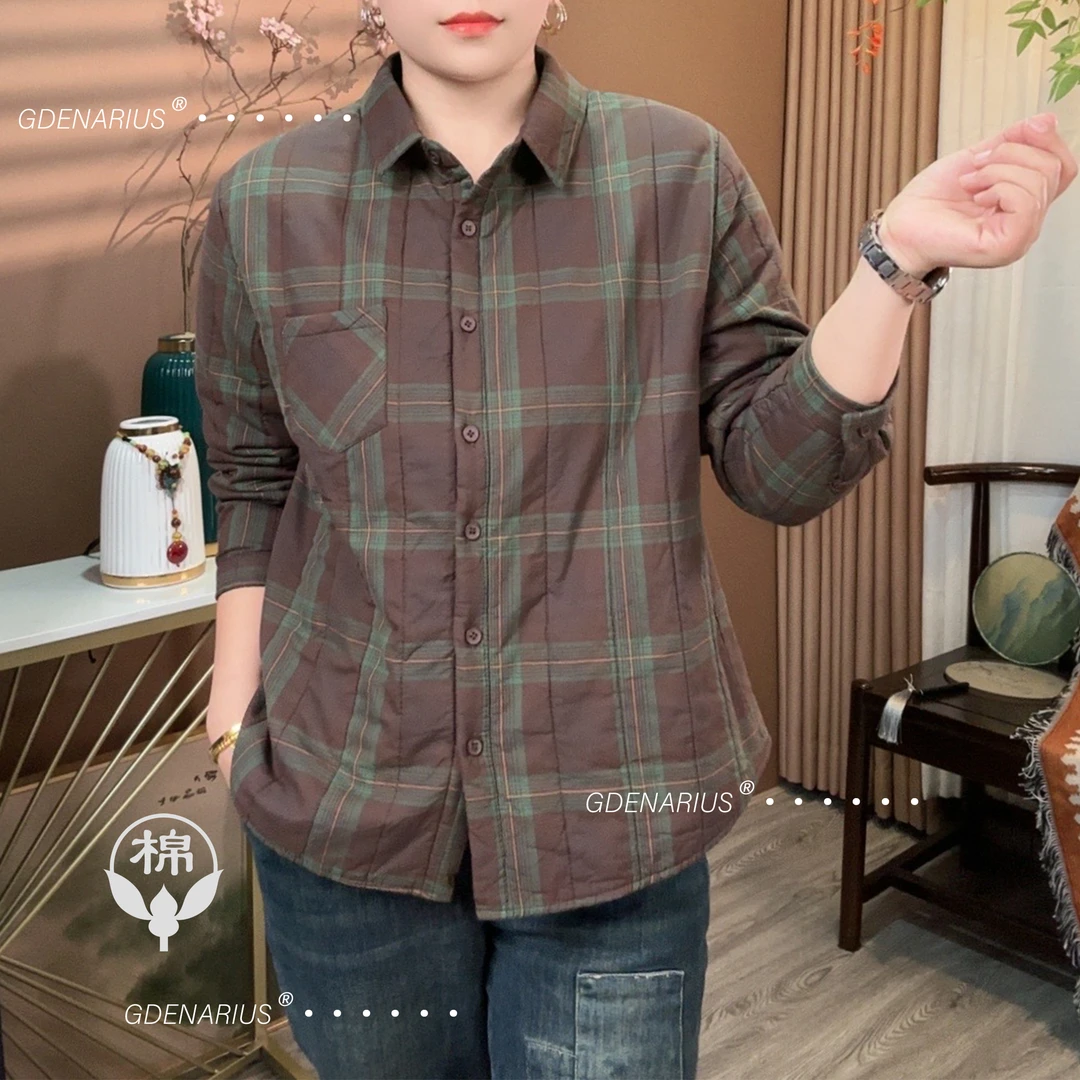 夹棉复古风大格纹方领长袖衬衫舒适好穿宽松透气上衣气质百搭外搭
