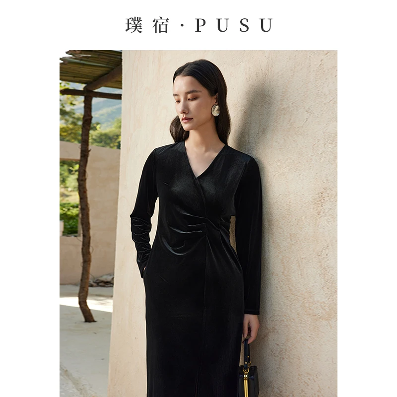 璞宿PUSU 派对时刻  V领立裁弹力丝绒连衣裙 54679