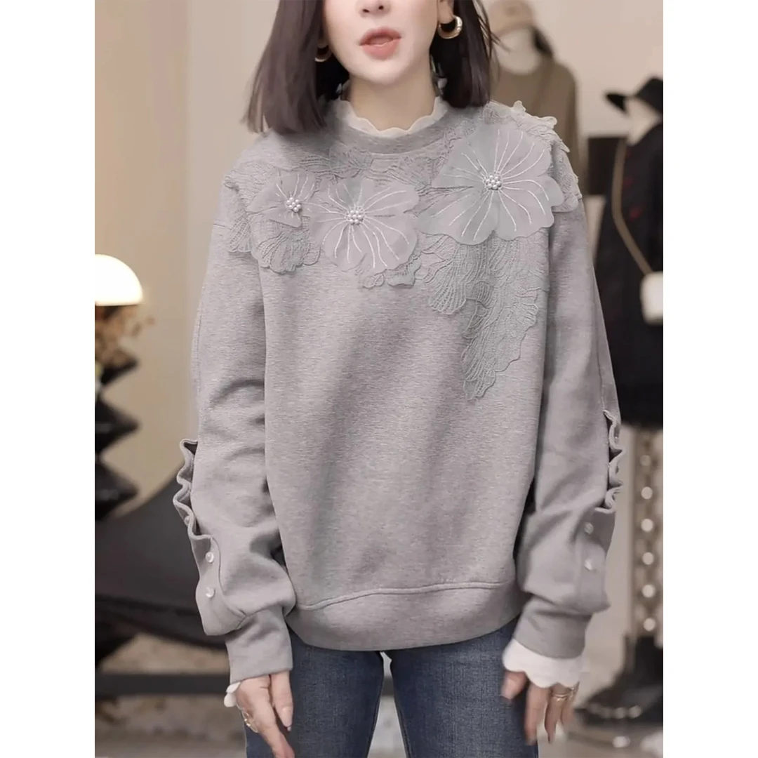 2024秋季新款高级设计感重工立体花朵珍珠点缀圆领百搭时尚卫衣潮