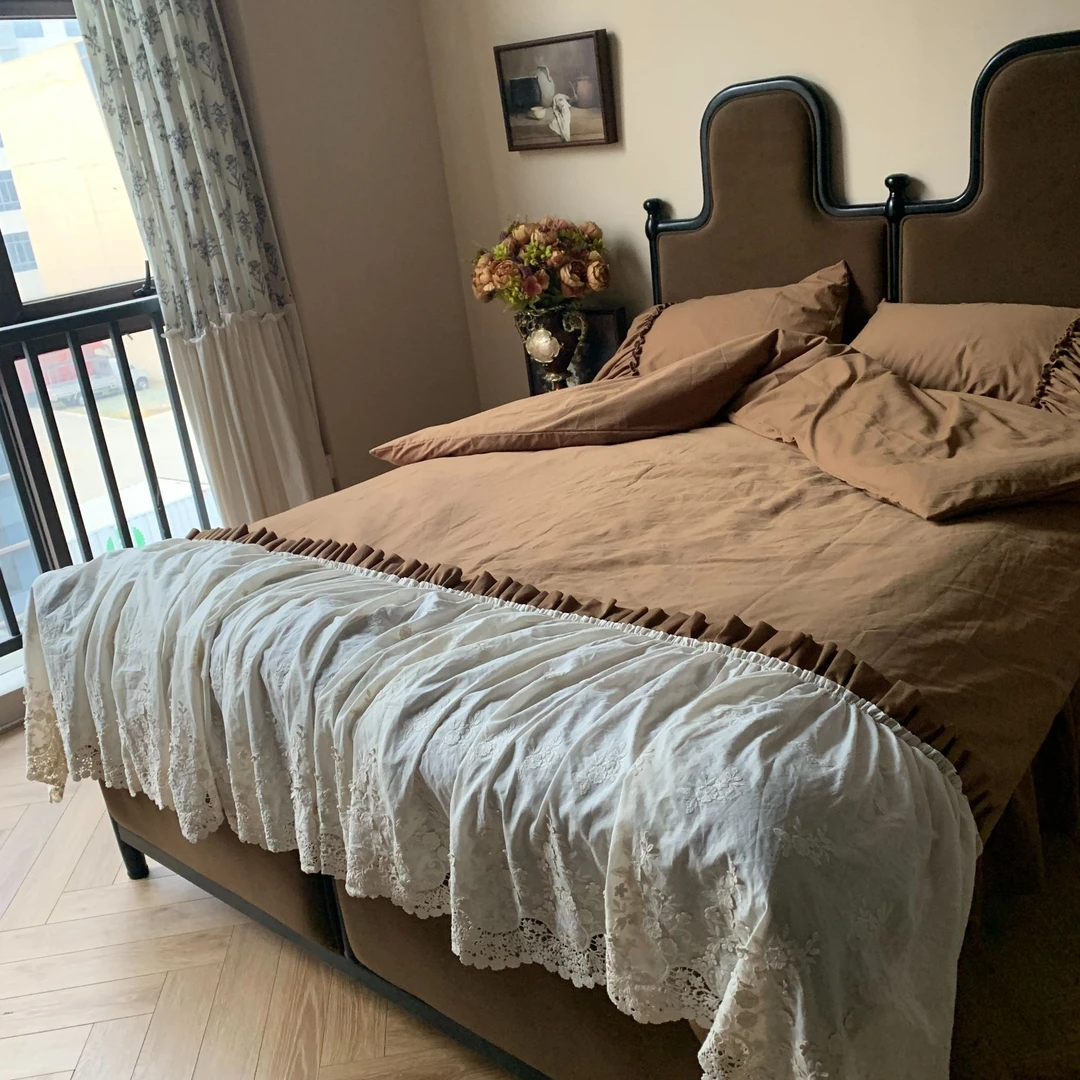 【郁达夫】法式高级纯色磨毛四件套复古手工打褶床上用品