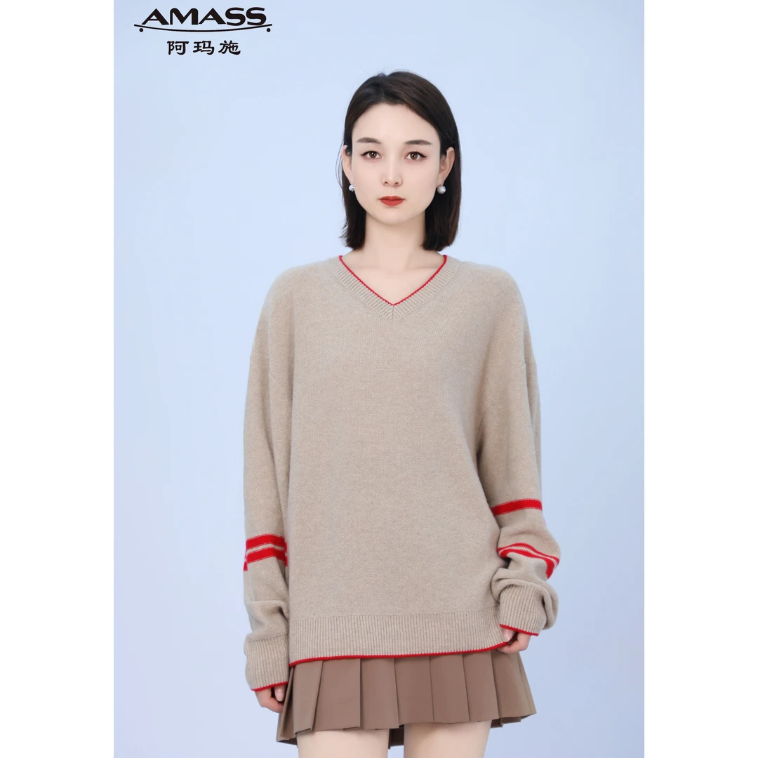 AMASS/阿玛施【商场同款】纯羊绒V领套头拼色爱神针织内搭5399490