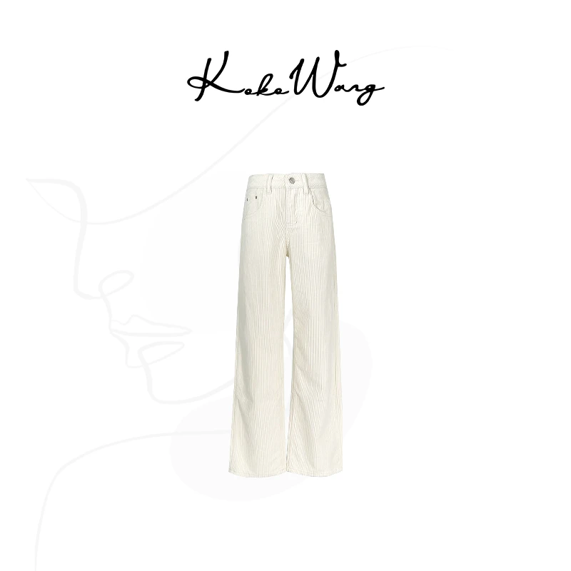 KOKO WANG“休闲日常”绒面高腰竖坑条百搭休闲裤3101032