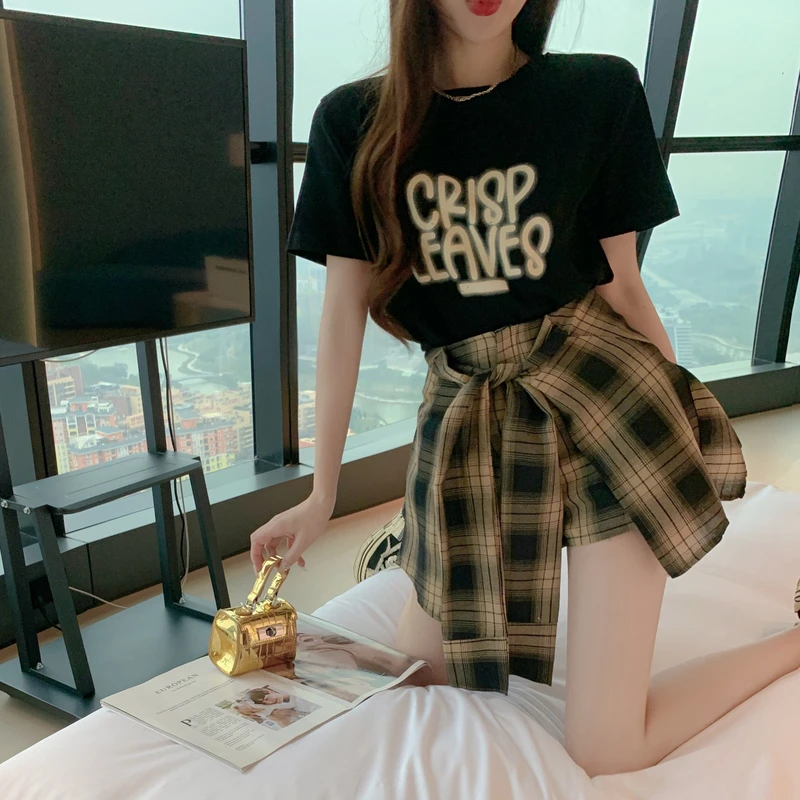 夏季新款辣妹套装韩版宽松印花T恤+不规则个性格子裤裙盐系两件套