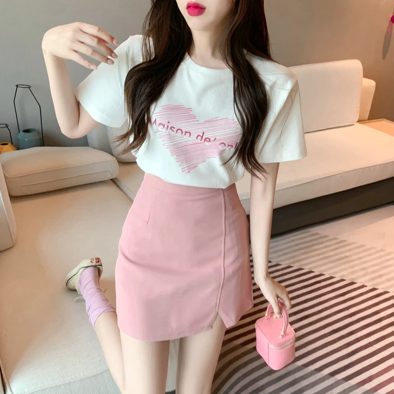 薄荷曼波夏季新款甜美减龄宽松印花棉质T恤+显瘦糖果色短裙两件套