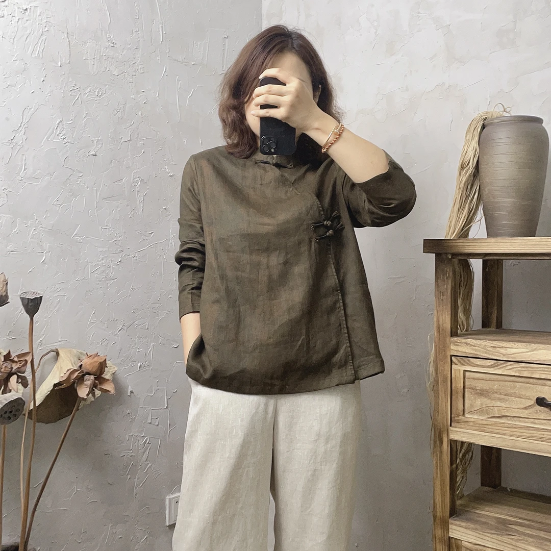 【麻布情结】香云亚麻斜襟上衣  中式茶服 气质小衫 鎏金绿
