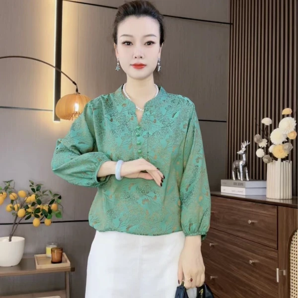 【青翠欲滴】2023新款时尚遮肉显瘦衬衫上衣洋气百搭妈妈装