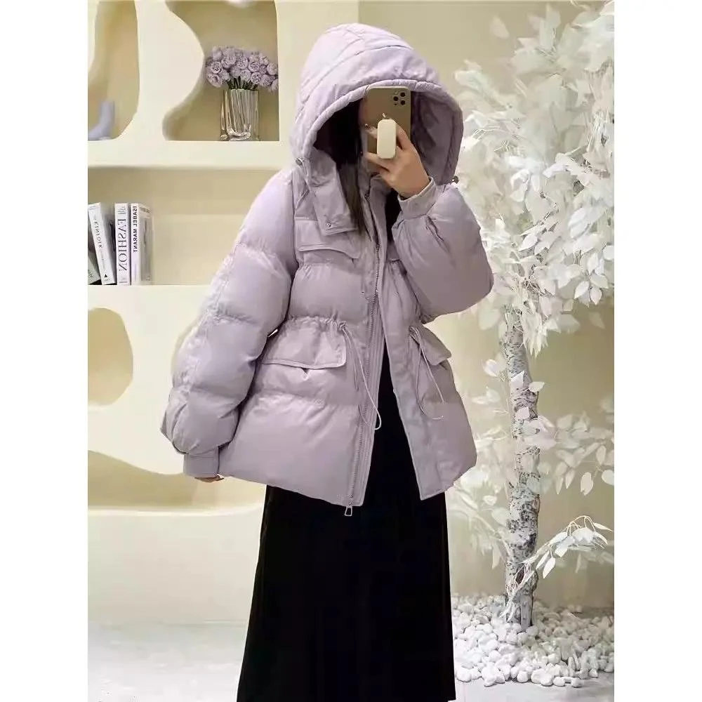 2023新款韩系芋泥紫收腰羽绒服女常规款冬装加厚连帽外套