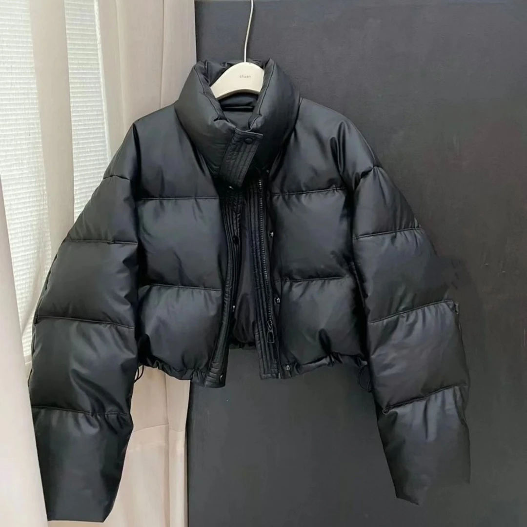 免洗pu皮女短款羽绒服2023新款冬季加厚立领面包服小个子肯豆外套