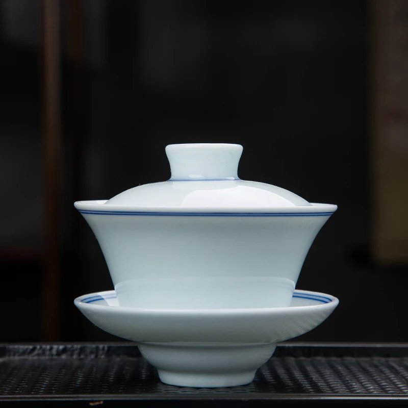 【釉下彩蓝边三才盖碗】蓝边白瓷茶具手工陶瓷茶杯家用品茗三才杯