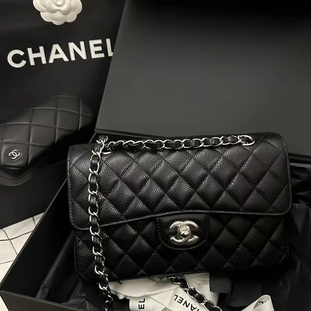 99新 Chanel/香奈儿 CF荔枝牛黑银小号