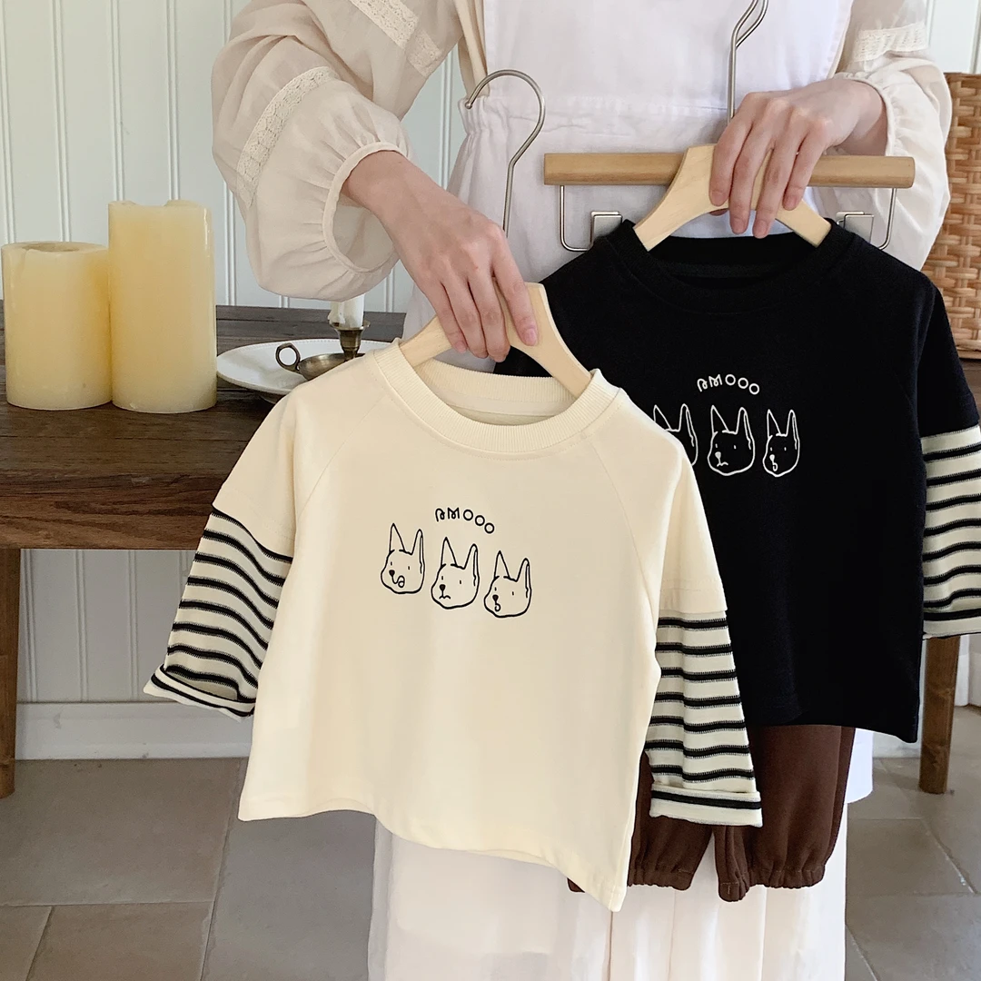 男童长袖T恤2024春秋新款宝宝洋气打底衫秋季儿童拼接条纹体恤衫