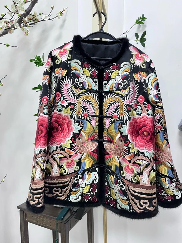 上衣刺绣潮流花朵复古百搭长袖女士时尚重工棉服双面常规花纹