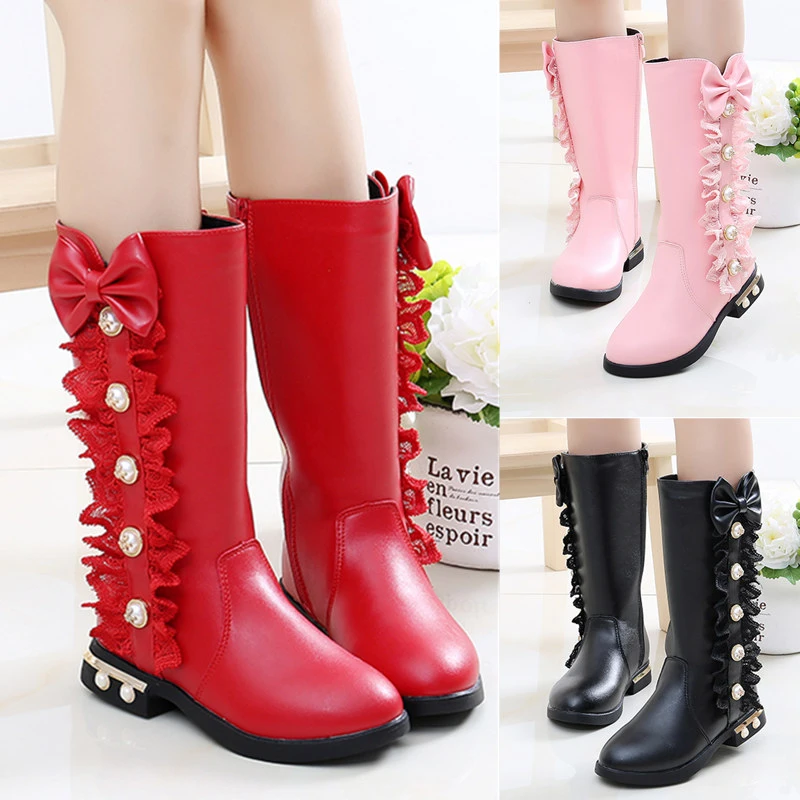 女童马丁长靴2023秋冬新款女宝宝棉靴公主高筒皮靴加绒过膝侧拉链