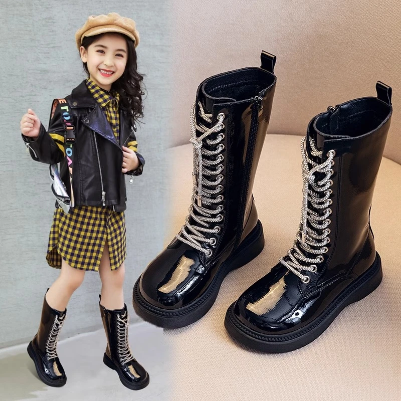 女童靴子冬季鞋宝宝马丁靴韩版公主高筒靴骑士靴女孩水晶长筒棉靴