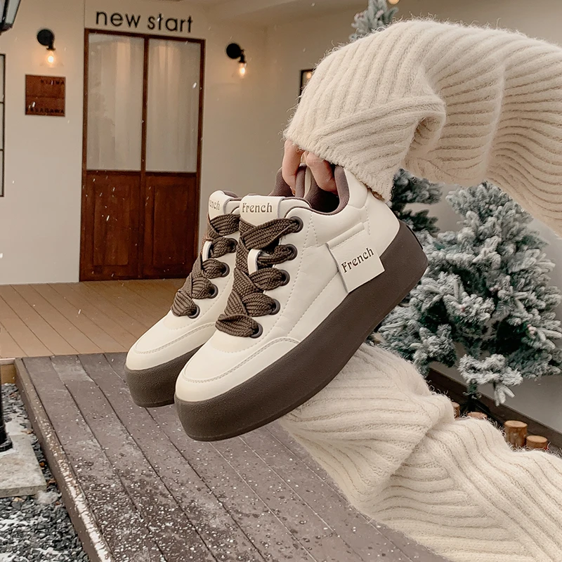 5公分【断码】百搭真皮厚底加绒冬季保暖运动毛毛高帮鞋雪地靴女