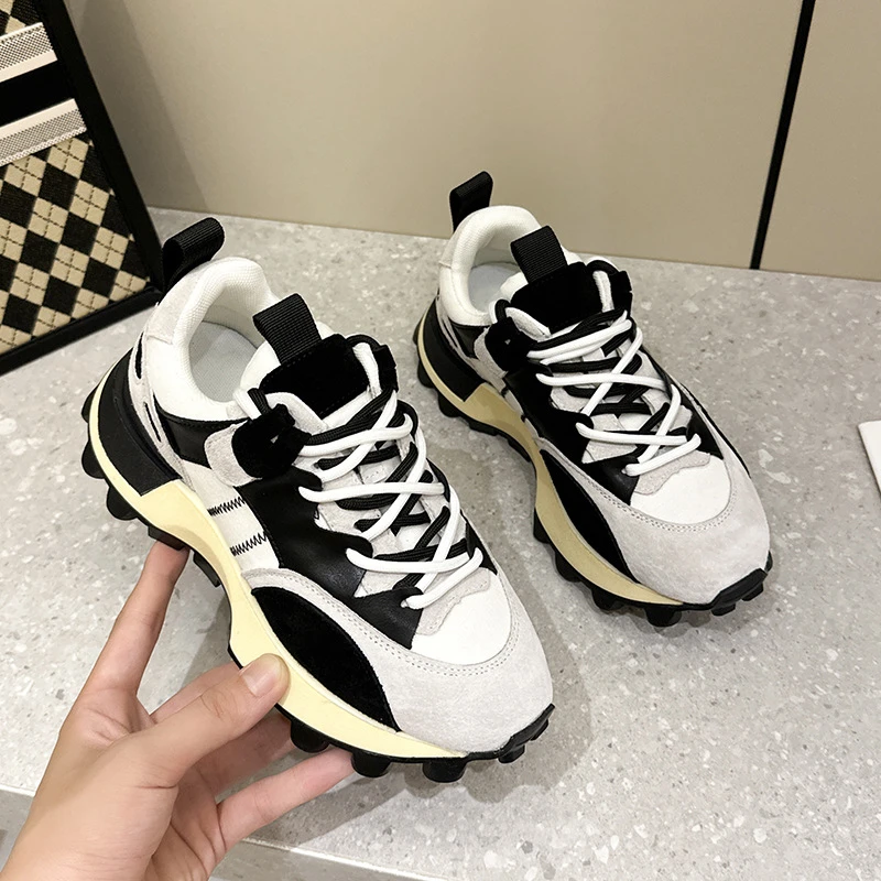【31码起】新款休闲鞋厚底老爹鞋百搭真皮内增高运动鞋网红时尚透气