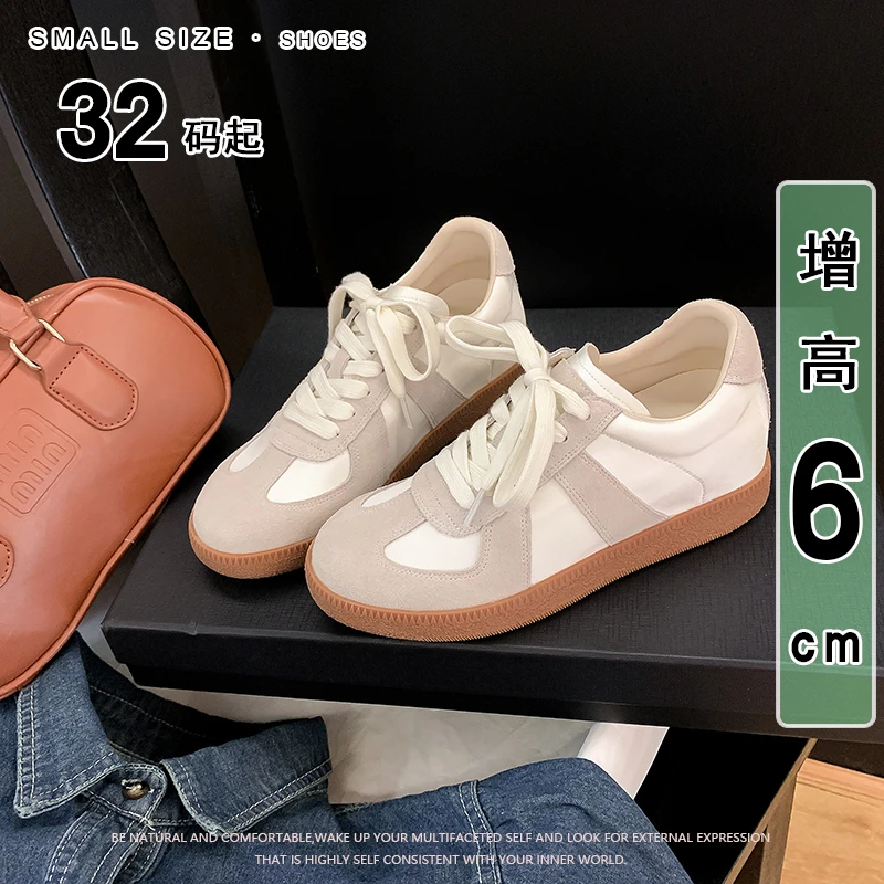 6cm【33码起】内增高德训鞋女真皮复古新款透气运动小白板鞋女厚底