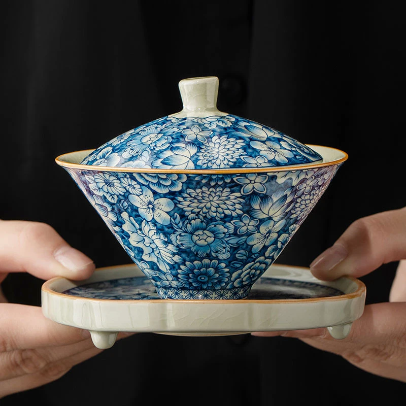 老陶泥青花斗笠盖碗高端三才盖碗茶杯陶瓷家用单个大号敬茶泡茶碗